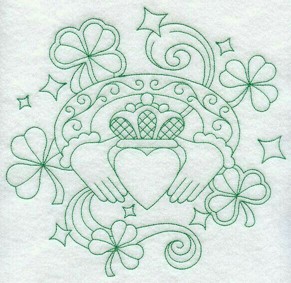 an embroidered design with shamrocks and hearts