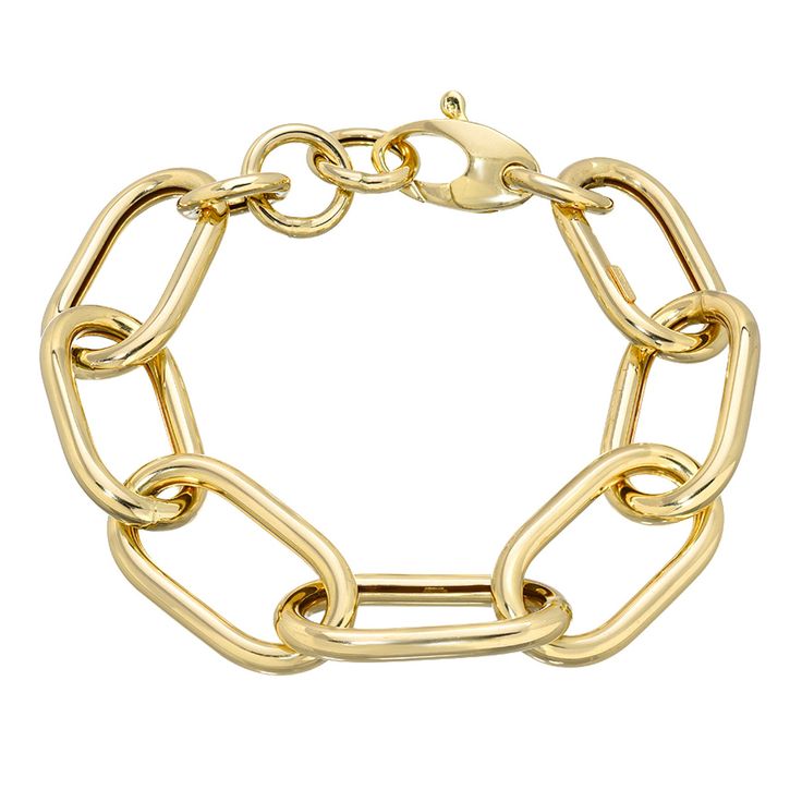 "This Italian handcrafted chain link bracelet is completely composed of 14K solid gold and is uniquely made with a semi-hollow interior for comfortable everyday wear that will not dent. This bracelet is adjustable in length from 6.5 to 7 inches, 7 to 7.5 inches or 7.5 to 8 inches. ♦ Link Dimensions: 14mm (w) x 26mm (L) x 3mm thick ♦ Weight: approximately 13.45 grams of 14K solid gold for the 7 to 7.5\" length option ♦ Metal Finish: High Shine Polish ♦ This design is available in Yellow 14K Gold Gold Oval Link Cable Chain Bracelet, Gold-tone Oval Link Bracelet, Gold Oval Link Bracelet With Paperclip Chain, Gold Bracelet With Paperclip Chain And Oval Link, Gold Paperclip Chain Bracelet With Oval Links, Gold-tone Oval Link Bracelet With Polished Finish, Gold Oval Cable Chain Bracelet, 14k Gold Bracelet With Adjustable Oval Link Chain, Gold Chain Bracelet With Polished Rectangular Links