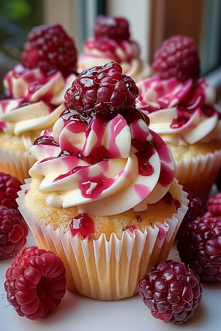 cupcakes with raspberries and cream frosting on top