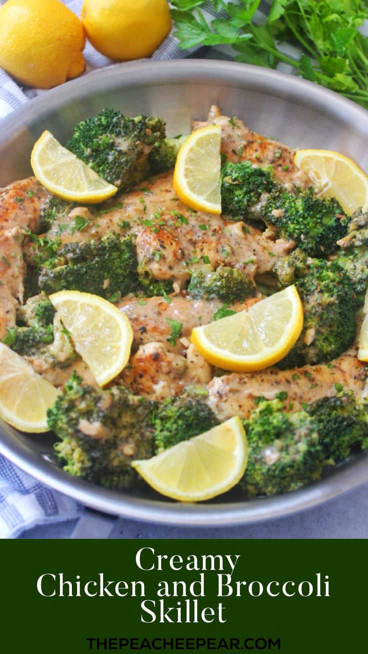 Chicken with broccoli and lemon wedges in a skillet. Chicken Italian Seasoning, Chicken And Potato Skillet, Chicken And Broccoli Skillet, Juicy Chicken Tenders, Creamy Chicken And Broccoli, Broccoli Skillet, Kids Lunch Box Meals, Potato Skillet, Bbq Chicken Breast