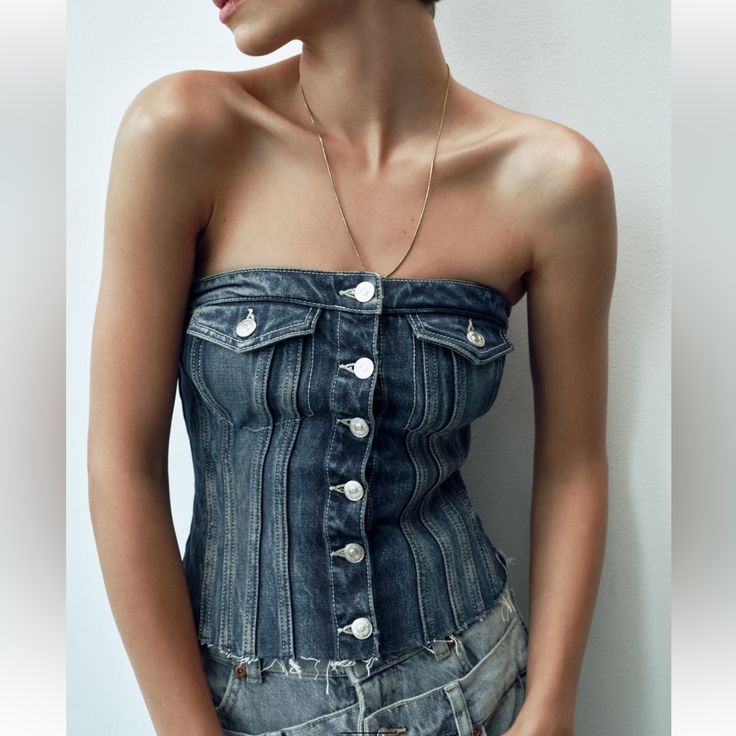 Strapless Corset Style Top Runs Small Chic Washed Blue Denim Top With Button Closure, Fitted Denim Top With Button Closure, Fitted Denim Top With Button Closure For Spring, Fitted Washed Blue Tops With Button Closure, Fitted Denim Tops In Dark Wash, Blue Fitted Denim Top For Summer, Chic Fitted Light Wash Denim Top, Chic Fitted Denim Top For Summer, Chic Fitted Summer Denim Top