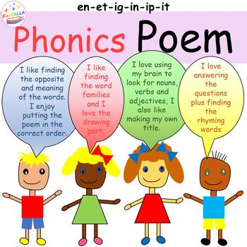 three children holding up speech bubbles with words above them that read phonics poem