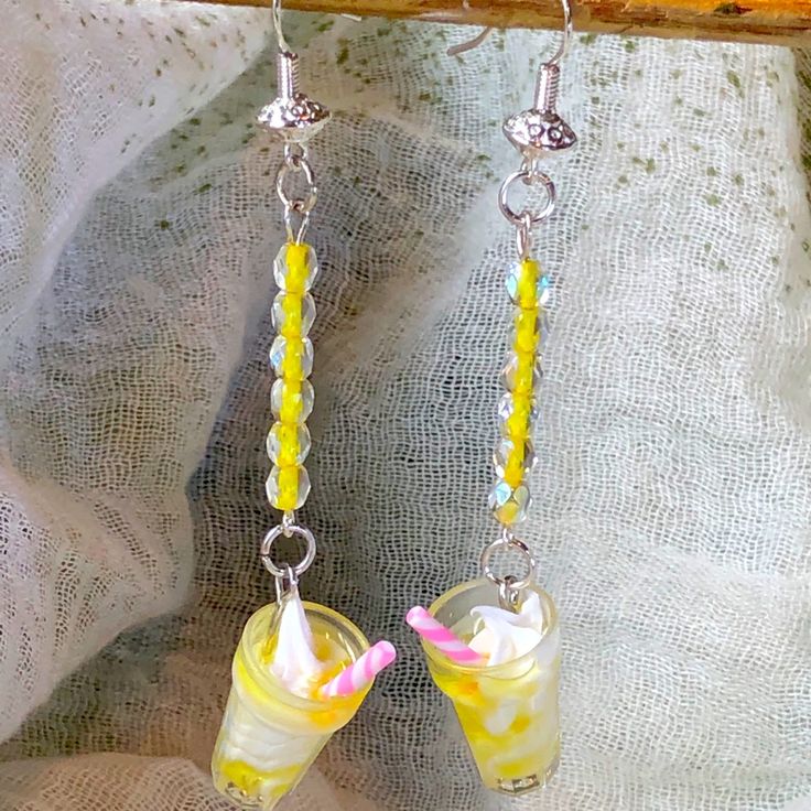 Lemon Italian Cream Soda Earrings Yellow Ear Wire Party Earrings, Party Jewelry With Yellow Ear Wire, Yellow Jewelry With Ear Wire For Party, Casual Yellow Earrings Perfect For Gifts, Casual Yellow Earrings For Gift, Neon Yellow Summer Beach Jewelry, Yellow Dangle Earrings For Beach, Handmade Yellow Earrings For Party, Adjustable Neon Yellow Summer Jewelry