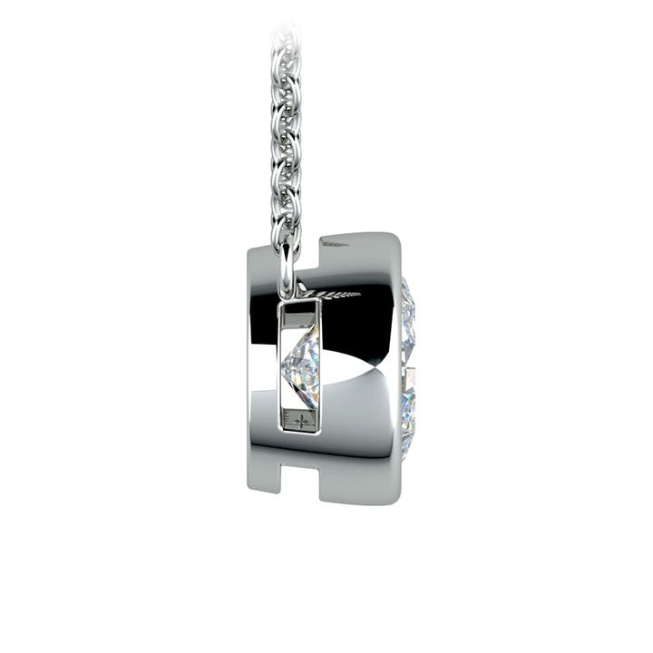 a white gold necklace with a square shaped diamond in the center and a chain attached to it