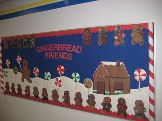 a bulletin board with gingerbread friends and candy canes in front of it on the wall