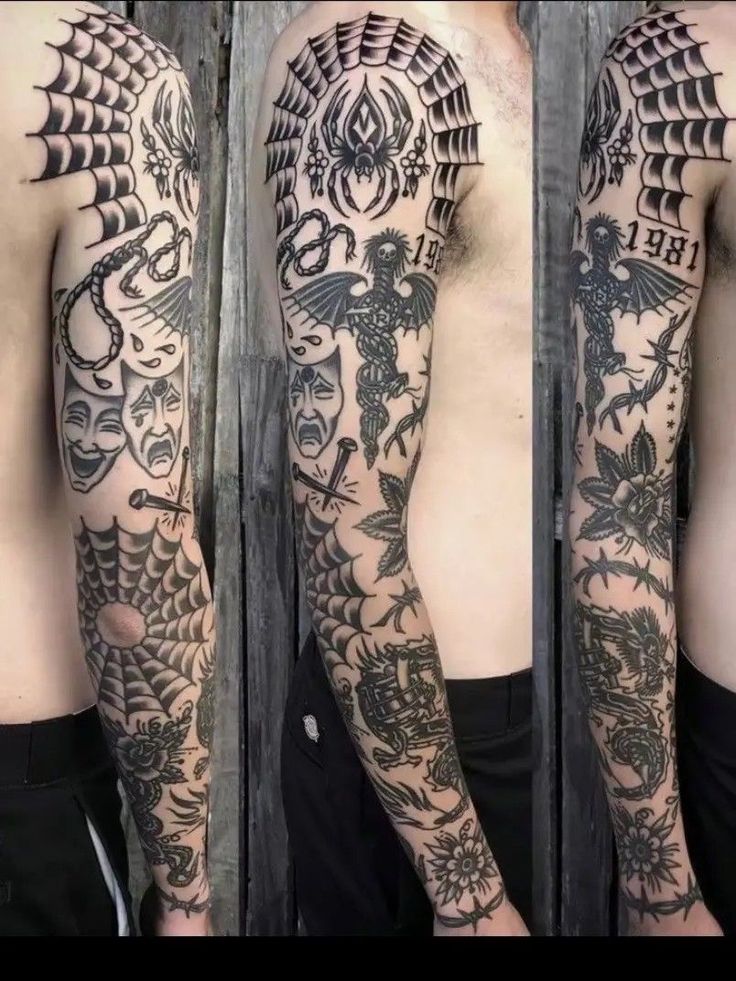 three different views of a man's arm and shoulder with tattoos on both sides