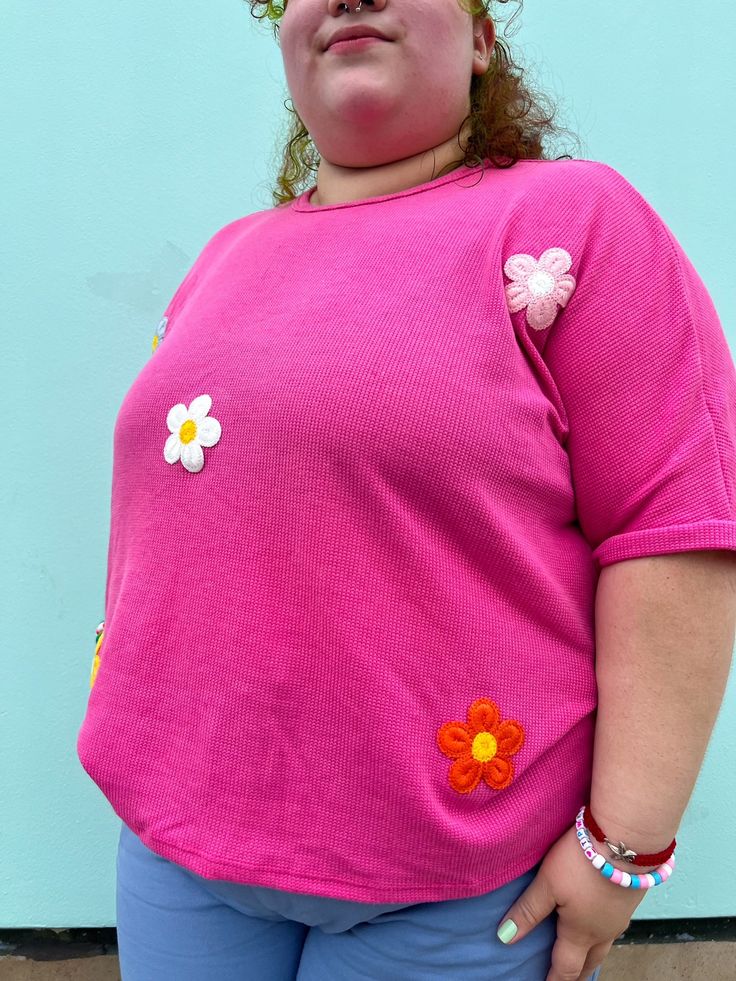 Spring might almost be over but flowers are for all seasons! This oversized pink flower top is a great closet addition- the perfect shade of pink and colorful flowers that go with every pair of bottoms! Jeans, shorts, leggings, skirts, everything! True to size. 80% Polyester 15% Rayon 5% Spandex Oversized fit Colorful flower details Pairs with every color in the rainbow! Yan is wearing the 3XL and she typically is a 3XL. Jess is 5'6 wearing a size small and typically wears a size small. Haley is Playful Pink Stretch Top, Pink Tops For Spring Day Out, Fun Pink Floral Print Tops, Pink Tops For A Day Out In Spring, Fun Pink Tops For Spring, Pink Flower Top, Closet Addition, Flower Top, Rainbow Shop