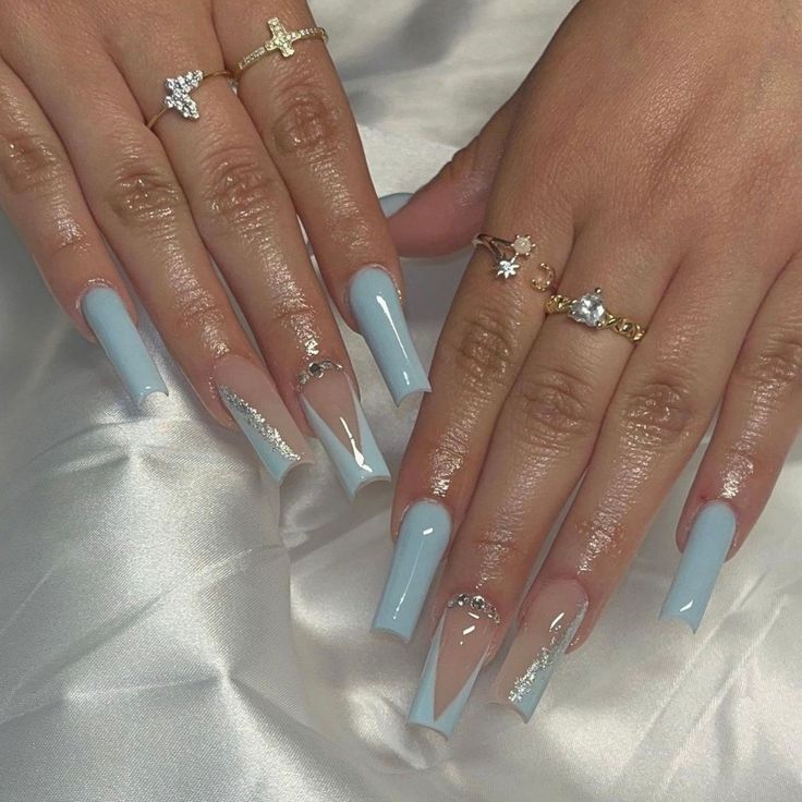 Nails July 2023, Nails July, Baby Blue Acrylic Nails, Blue Prom Nails, Occasion Nails, Unghie Sfumate, Pedicure Manicure, Blue Acrylic Nails, Long Acrylic Nails Coffin