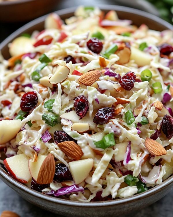 a salad with nuts, cranberries and almonds in a bowl on a table