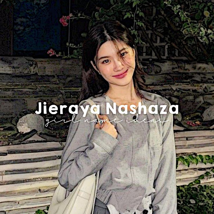 a woman standing in front of a wooden bench with her hand on her shoulder and the words jeeraya naishaza written above it