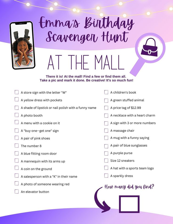 "Here is a great low cost birthday party idea. Have fun while spending little money. Find all 26 items on the list. Enjoy a Scavenger Hunt at the Mall.  Find a few or find them all! Take a pic and mark it done. Be creative, it's so much fun! Personalize your download with name and photo of the birthday boy or girl using Canva. You do not need a subscription to Canva in order to edit the template.  After purchasing a digital file, you will get an email from Etsy with the download link. Please mak Mall Photo Scavenger Hunt, Mall Birthday Party Ideas, Mall Scavenger Hunt Birthday Party, Mall Birthday Party, Shopping Birthday Party, Scavenger Hunt Birthday Party, Mall Birthday, Bday Activities, Free Bachelorette Party Games