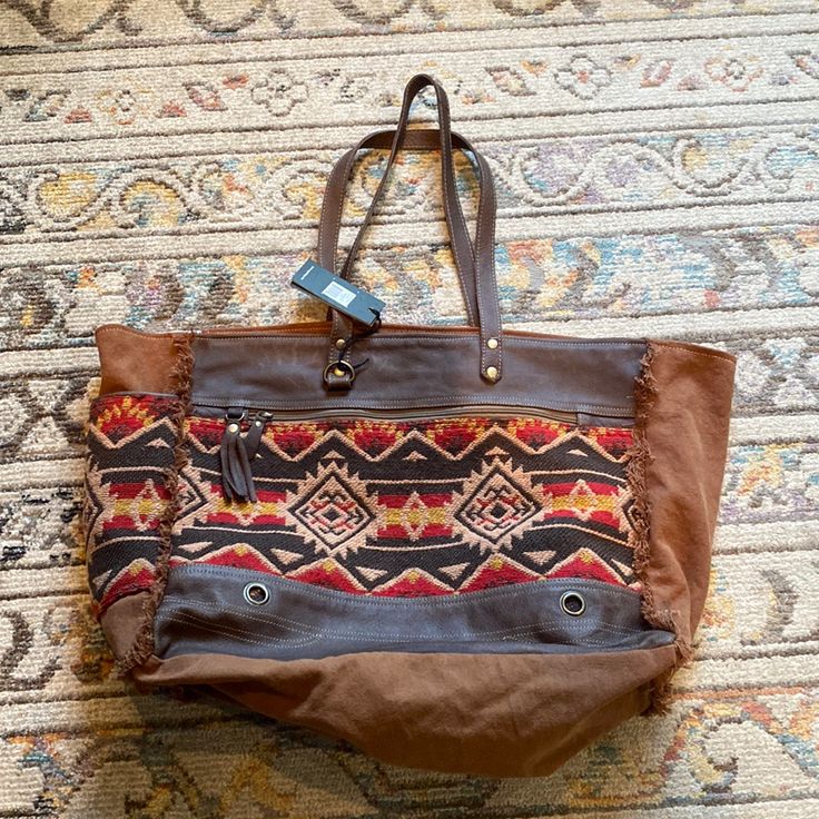 Beautiful Myra Weekender Bag New With Tags Perfect For A Weekend Getaway Or Day Trip Hobo Shoulder Bag With Leather Handles For Errands, Bohemian Canvas Bag With Double Handle, Bohemian Canvas Rectangular Bag, Canvas Tote Shoulder Bag With Handle Drop, Canvas Shoulder Bag With Handle Drop For Daily Use, Bohemian Brown Satchel Travel Bag, Bohemian Brown Shoulder Bag With Double Handle, Bohemian Canvas Tote Shoulder Bag, Bohemian Canvas Satchel Bag