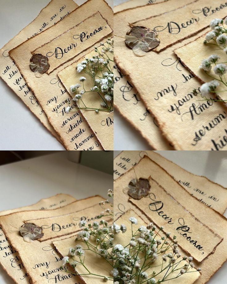 four different pictures of flowers on old envelopes with the words love written in them