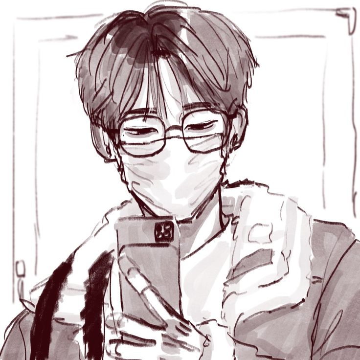 a drawing of a person wearing glasses and holding a cell phone