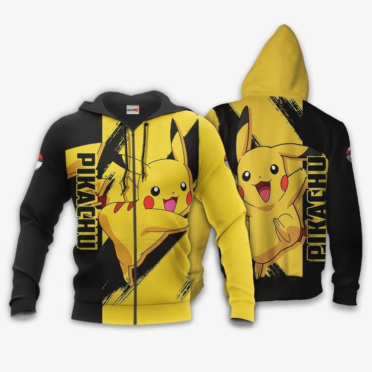 a yellow and black zip up hoodie with pikachu on the front, pokemon on the back