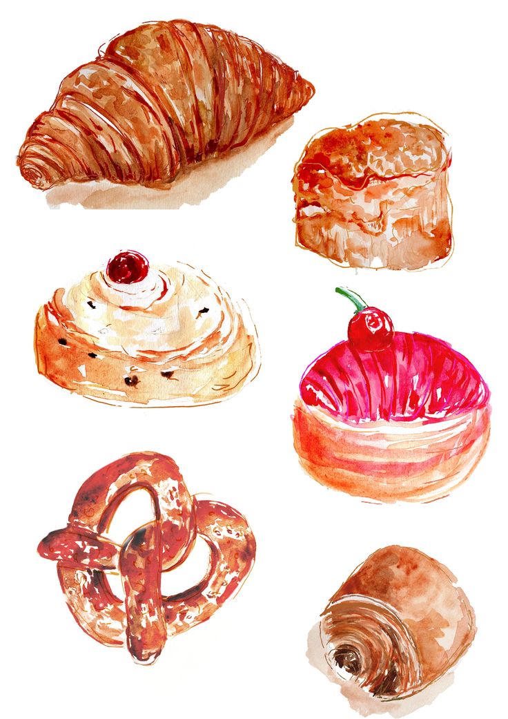 watercolor painting of different pastries and desserts