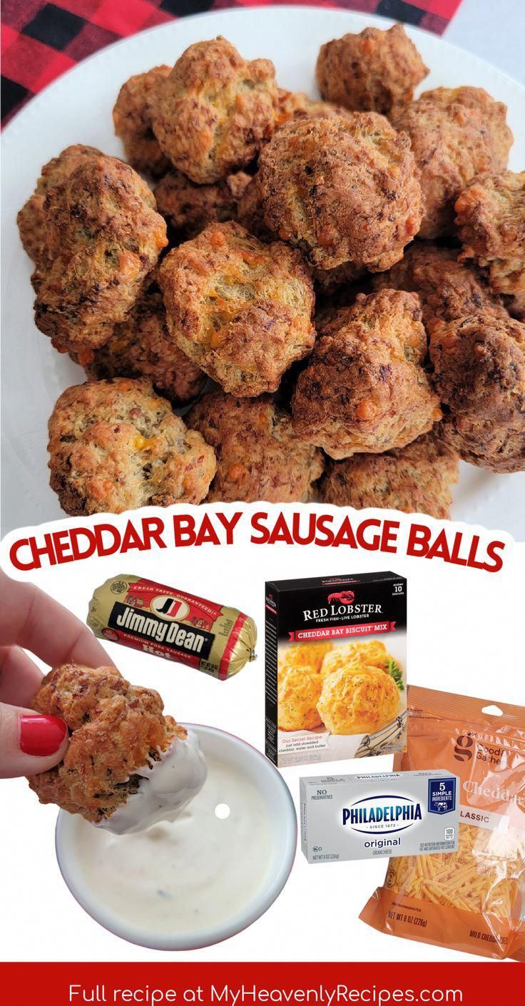 cheddar bay sausage balls recipe with text overlay