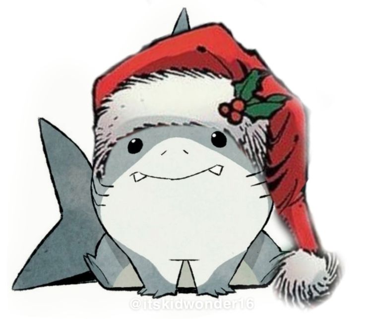 a cartoon character wearing a santa hat with a shark on it's chest and teeth