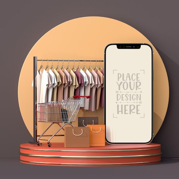 a mobile phone sitting on top of a shelf next to a shopping cart and clothes