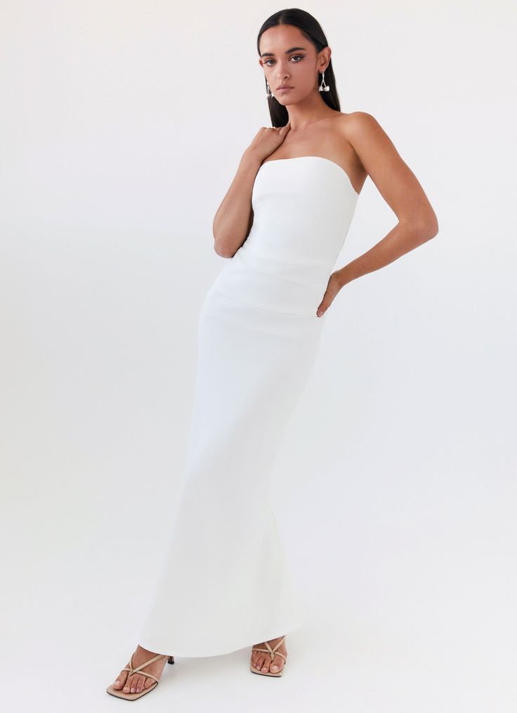 Danielle Strapless Maxi Dress - White Maxi Wedding Dress, Rush Outfits, Silicone Tape, Formal Dresses Graduation, Audrey Dress, Silk Satin Dress, Strapless Neckline, Strapless Maxi, Long Sleeve Knit Dress