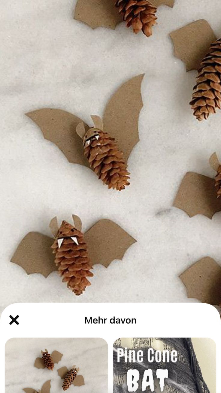 some pine cones are laying on the snow and one is cut out to look like bats