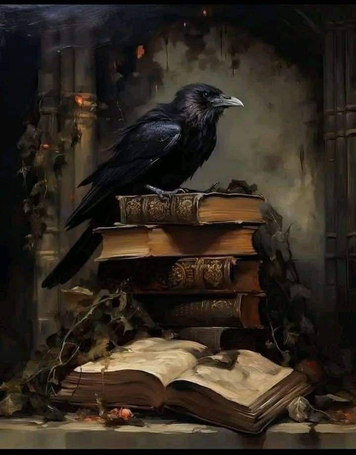 a painting of a crow sitting on top of some books and looking at the viewer