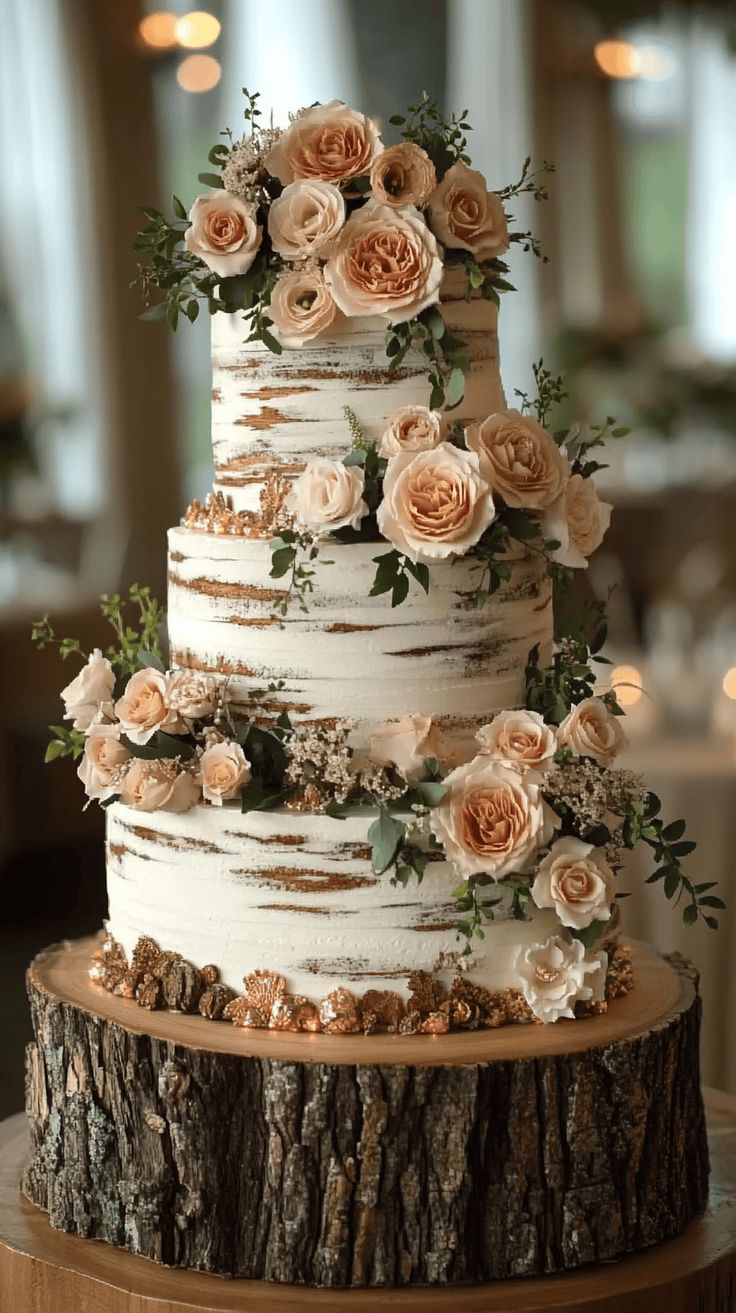 a wedding cake decorated with flowers on top of a tree stump in front of candles