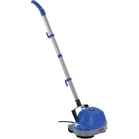 a blue and silver floor scruber on a white background