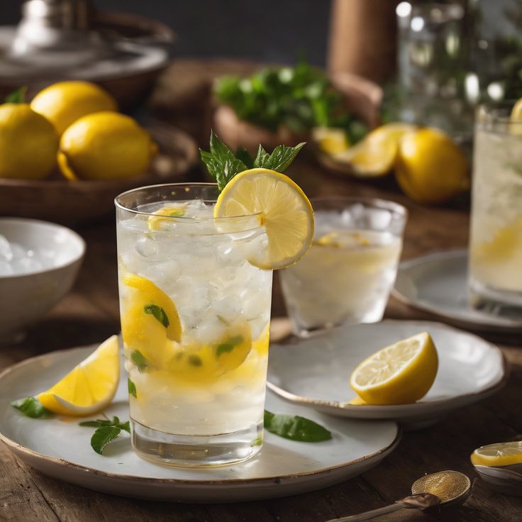 a glass filled with lemonade and ice on top of a table next to plates