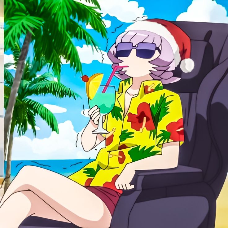 a woman sitting on top of a chair next to a palm tree holding a drink