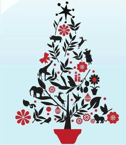 a christmas tree with animals and flowers in a red pot on a blue background is shown