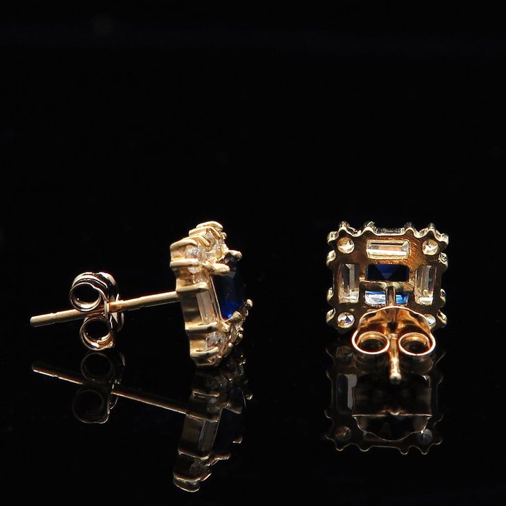 Elegant and stylish square cluster earrings with superb bright brilliant round and baguette simulated diamonds & princess cut simulated blue sapphires totaling 1ct. These beautiful diamonds are set in heavy heavy basket cluster setting with secure butterfly fastenings, all crafted from solid 14K gold. Every pair is shipped in gorgeous gift box so these beautiful earrings could make a perfect gift for any occasion, or make a great addition to your gold jewelry collection. All pictures you see Baguette Diamond Jewelry For Evening, Rectangular Baguette Diamond Jewelry For Evening, Evening Jewelry With Baguette Diamonds In Rectangular Shape, Rectangular Baguette Diamond Earrings, Formal Sapphire Jewelry With Baguette Diamonds, Elegant Sapphire Jewelry With Baguette Diamonds, Elegant Square Cut Jewelry With Baguette Diamonds, Formal Rectangular Baguette Diamond Earrings, Formal Baguette Diamond Rectangular Earrings