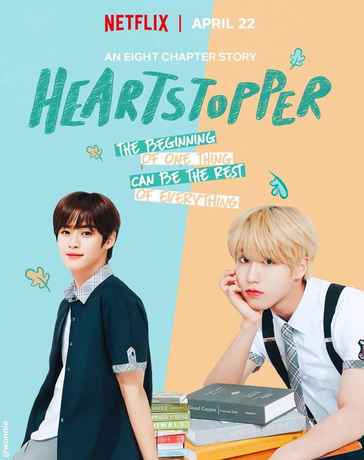 the poster for heartstopper shows two boys sitting at desks with books in front of them