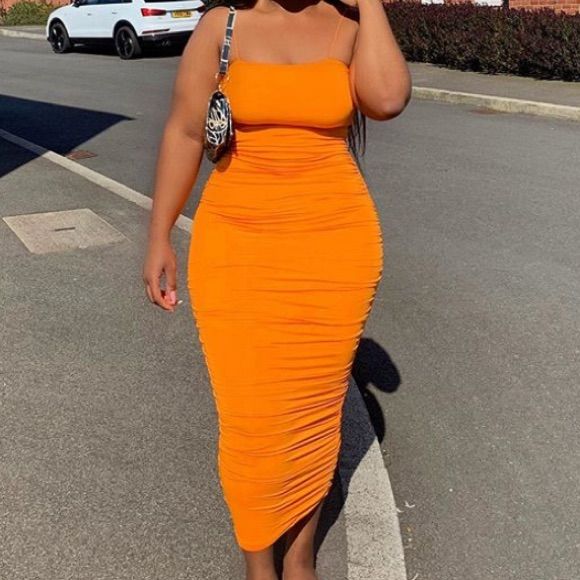 Neon Orange Slinky Ruched Dress Spring Orange Ruched Bodycon Dress, Orange Ruched Bodycon Dress, Neon Orange Dress, Floral Aline Dress, Floral Velvet Dress, Rebecca Taylor Dress, Geo Print Dress, Black Dress With Pockets, Belted Midi Dress