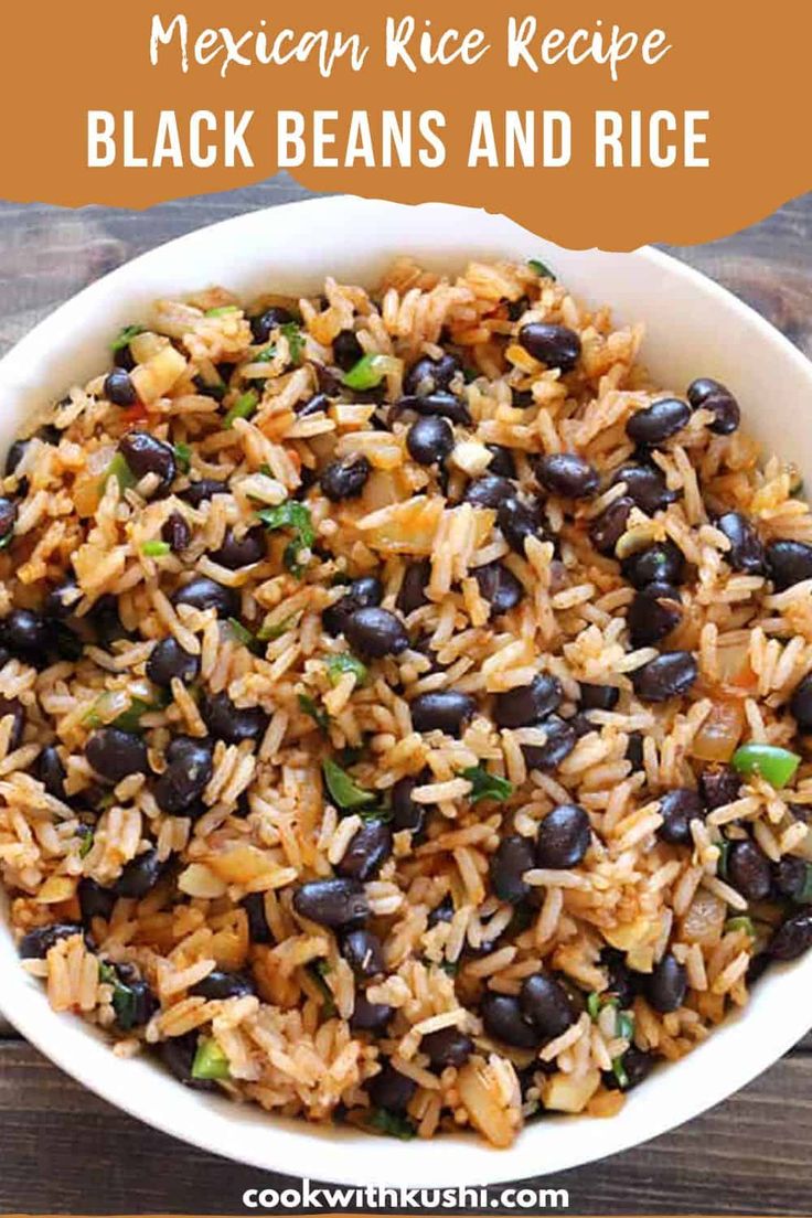 mexican rice recipe with black beans and rice in a white bowl on a wooden table