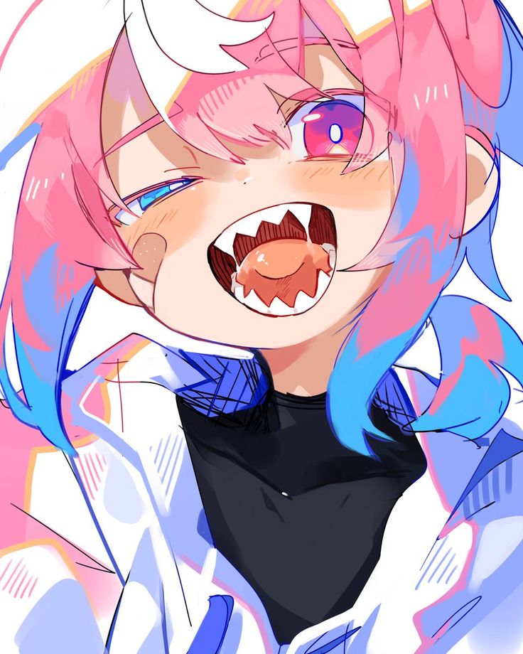 an anime character with pink hair and blue eyes, wearing a black shirt that has white teeth