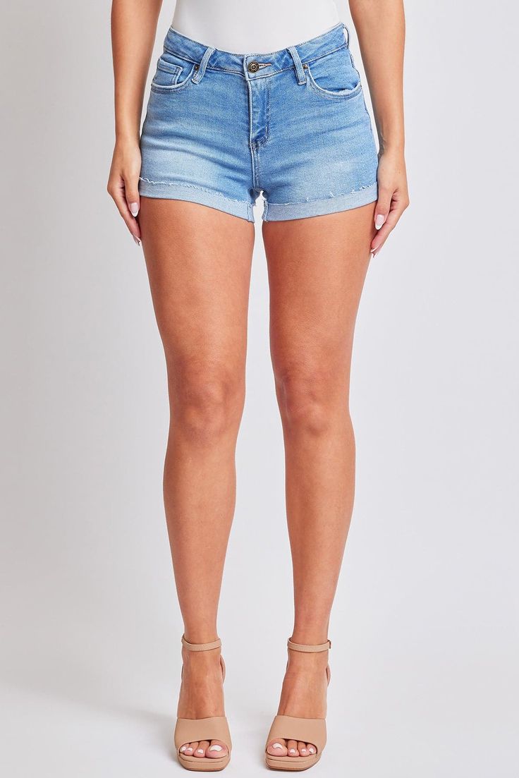 Unleash your inner fashionista with these Women's Mid Rise Raw Edge Cuff Denim Shorts! Made with high-quality denim, these shorts feature a trendy raw edge cuff and a flattering mid rise fit. Perfect for any summer outing, these shorts will keep you feeling comfortable and stylish all day long. Don't miss out, get yours now! Product Details- Mid Rise- Zip Fly with Button Closure - Basic 5 Pocket Construction- Cuffed Denim ShortSize & Fit (Based on Size 5)- Inseam Cuffed: 3" - Rise: 9"- Leg Openi Trendy Cotton Jean Shorts With Rolled Hem, Trendy High Waist Jean Shorts With Rolled Hem, Cotton Cutoff Jean Shorts With Rolled Hem, Trendy Denim Bottoms With Rolled Hem, Trendy High-waisted Jean Shorts With Rolled Hem, Summer Denim Shorts With Rolled Hem, Summer Denim Jeans With Rolled Hem, Trendy High-waisted Shorts With Rolled Hem, Trendy Medium Wash Bottoms With Rolled Hem