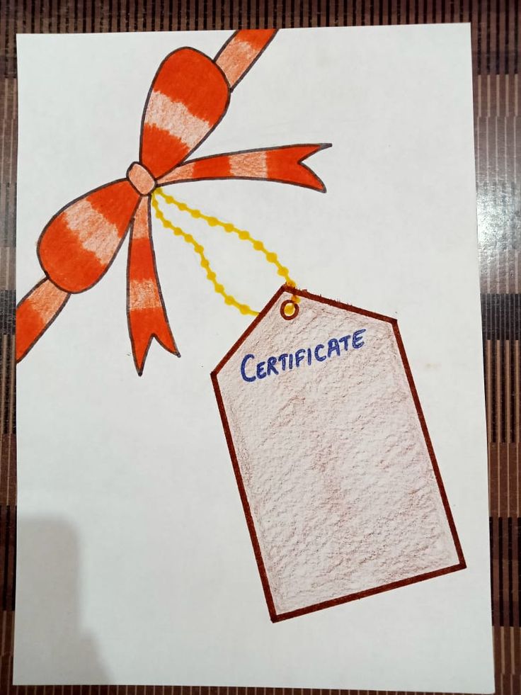 a drawing of a gift tag with a red bow on it and the words certificate written in blue ink