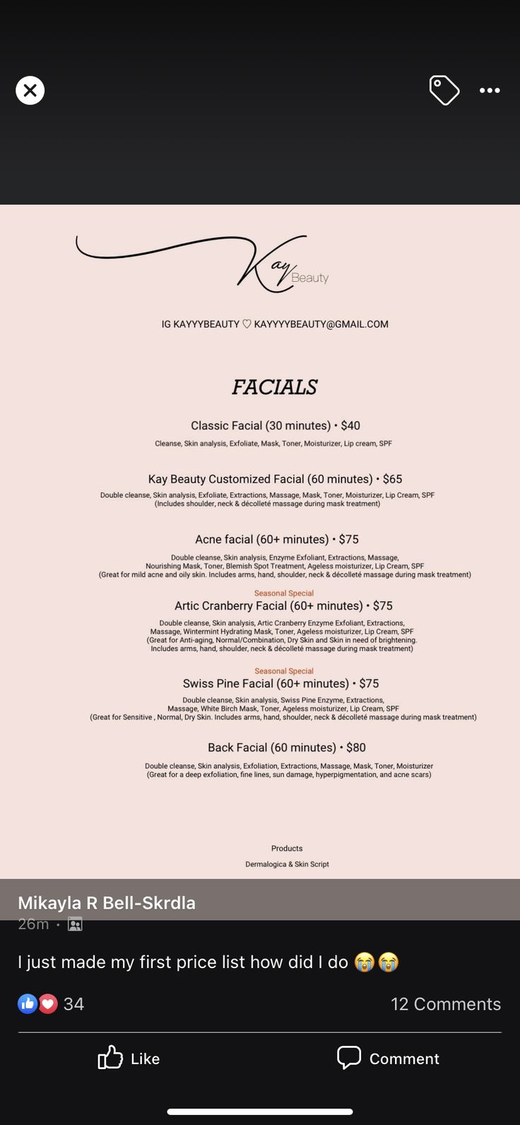 Facial Descriptions Skin Care, Esthetician Menu Price List, Service Menu Esthetician, Facials Price List, Esthetics Service List, Names For Facials, Facial Supply List, Esthetician Price List Template, Esthetician Facial Price List