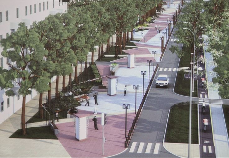 an artist's rendering of a city street with cars and trees on both sides