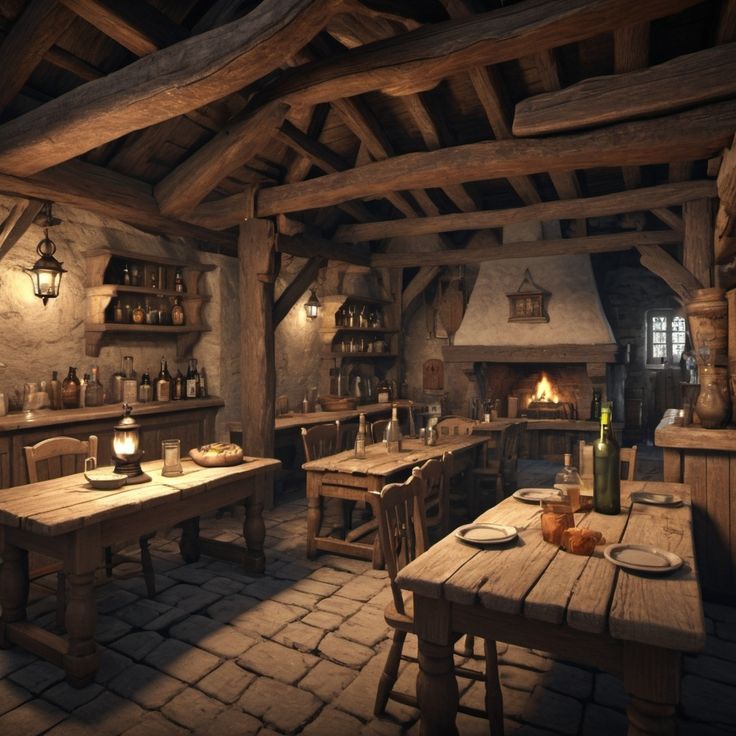 an old - fashioned kitchen with wooden tables and brick flooring, lit by lanterns