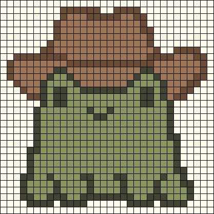 a pixellated image of a person with a hat on their head, wearing a green dress