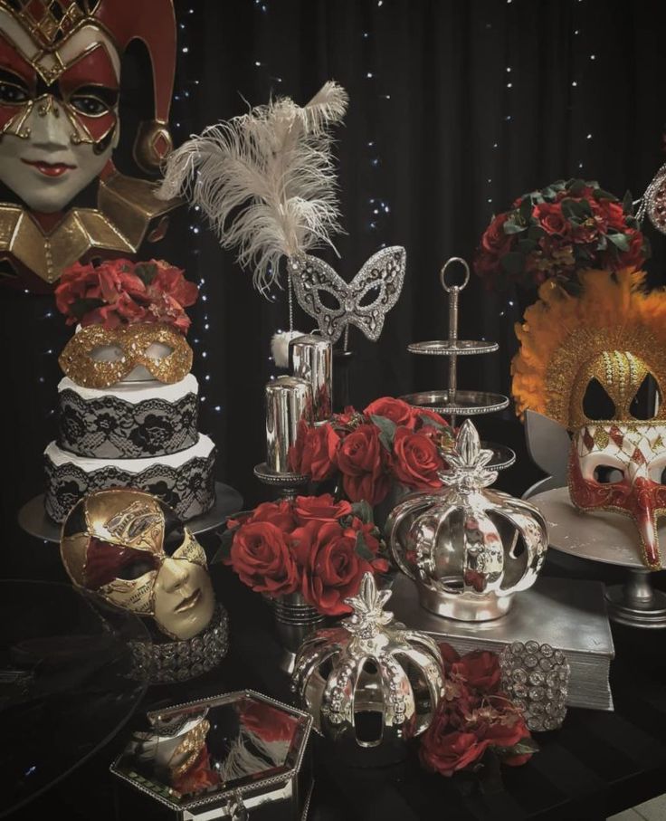 an assortment of masquerades and masks on display in front of a black background