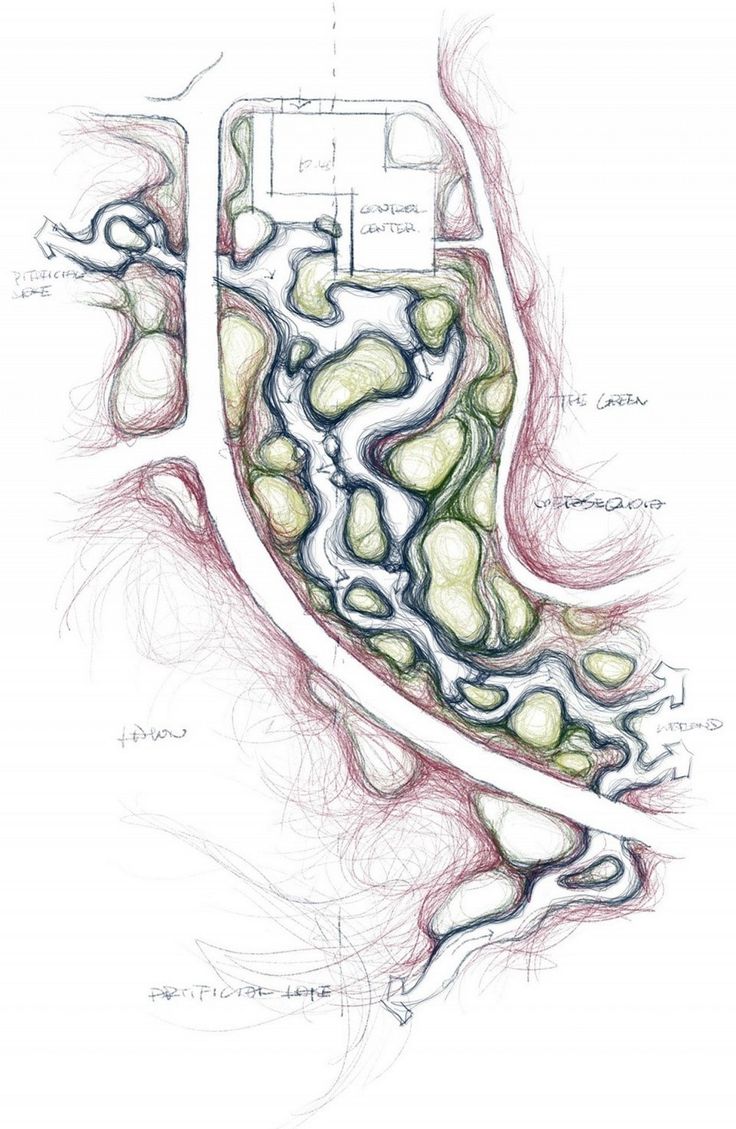 a drawing of a plan for a house with trees and bushes in the foreground