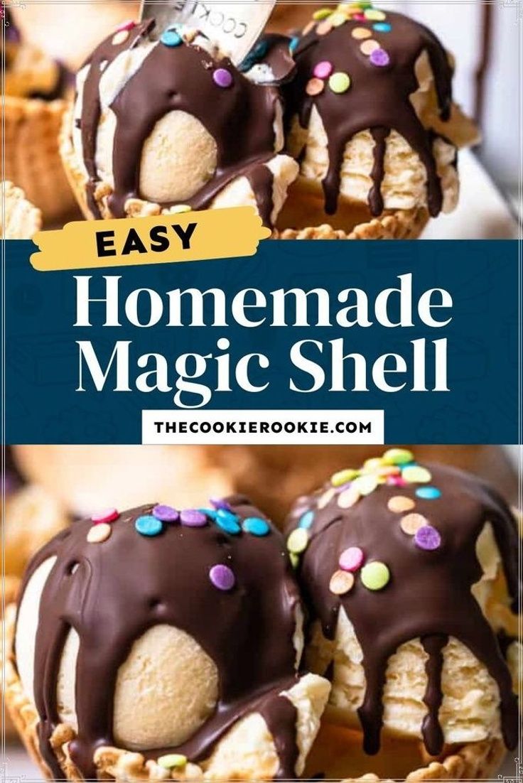 homemade magic shell cookies with chocolate frosting and sprinkles on the top