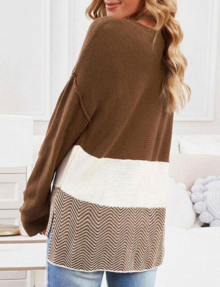 Knit Stitching Casual Loose Sweater Pullover Brown Patchwork Sweater For Spring, Beige Crew Neck Sweater With Patchwork, Long Sleeve Patchwork Sweater For Fall, Fall Patchwork V-neck Sweater, Beige Patchwork Sweater For Layering, Knit Patchwork Sweater For Layering, Cozy Patchwork Sweater For Layering, Brown Patchwork Sweater For Fall, Brown Crew Neck Sweater With Patchwork