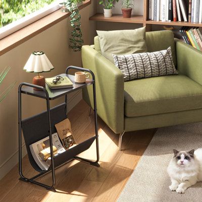 a cat sitting on the floor in front of a green chair and bookshelf