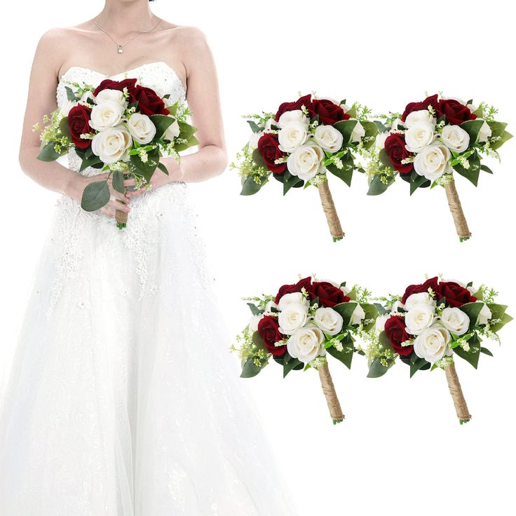 a woman in a wedding dress holding a bouquet of flowers and standing next to each other