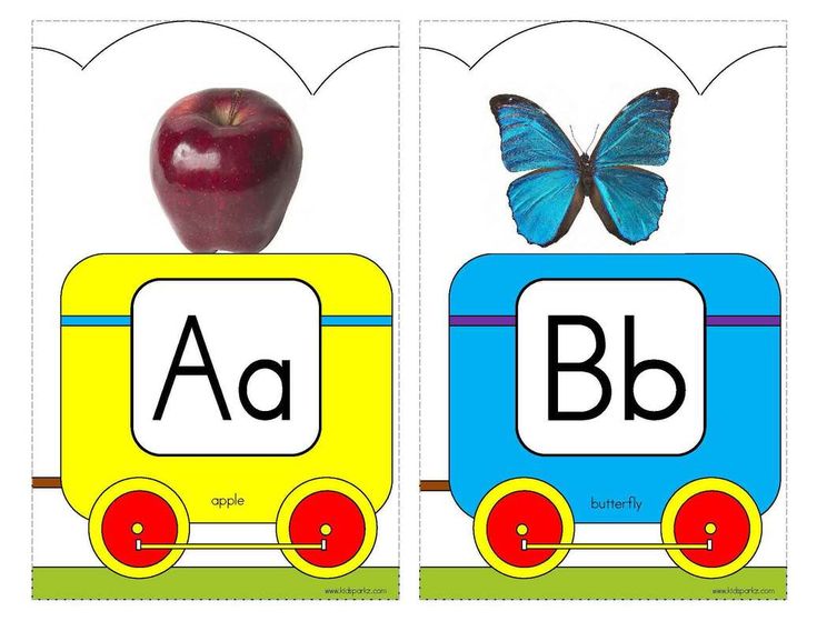 three cards with letters and an apple on the front, one has a butterfly sitting on top of it