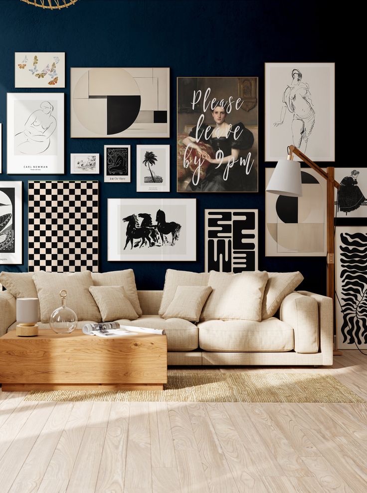 a living room filled with furniture and lots of pictures on the wall above it's coffee table